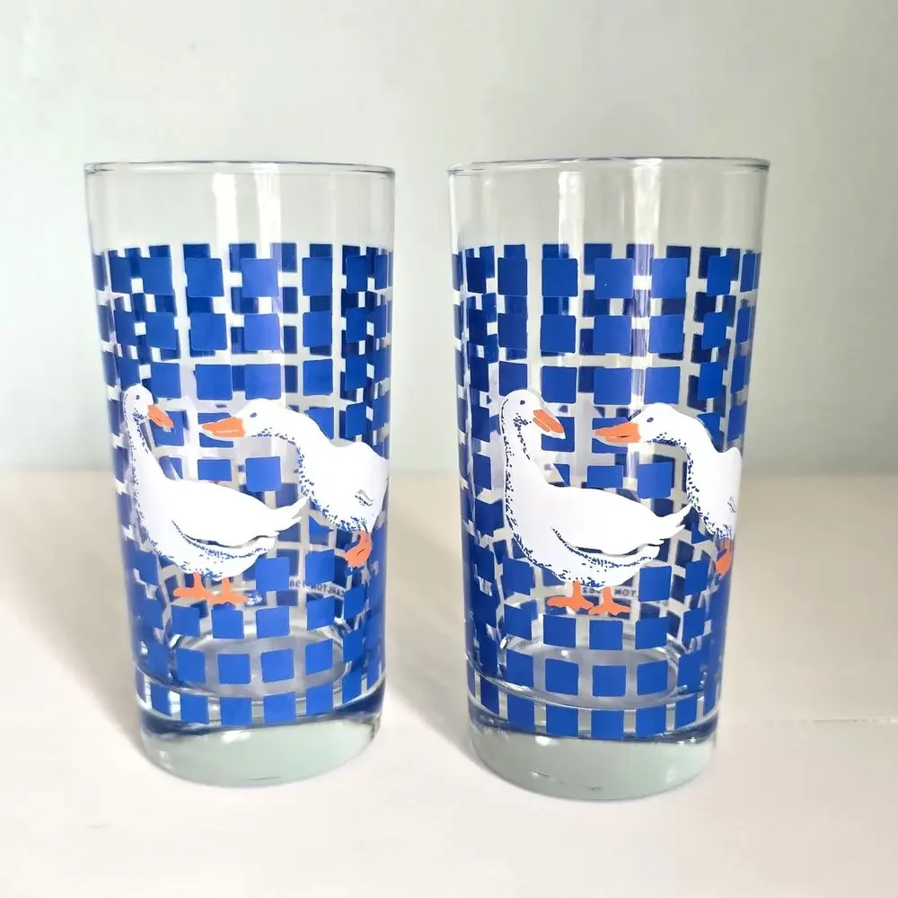 Vintage 80s Carlton White Geese Drinking Glassed Country Blue Checker Farmhouse